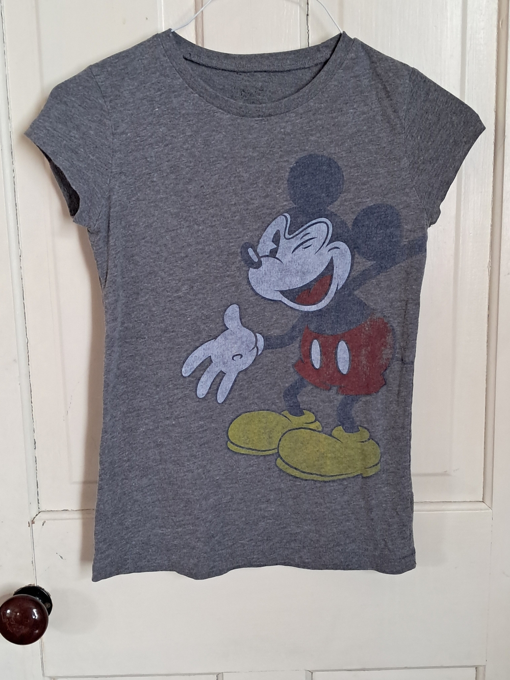 Disney Gray Mickey Mouse Short Sleeve Tee with Red Shorts and Yellow Shoes